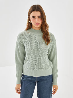 Bisiklet Yaka Kendinden Desenli Uzun Kollu Kad?n Triko Kazak