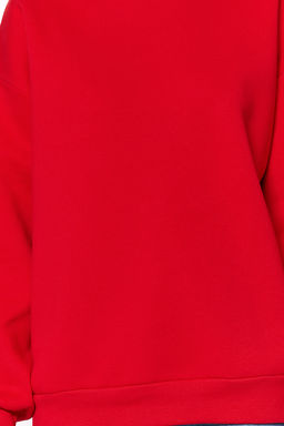 K?rm?z? Oversize/Rahat Kesim Basic Bisiklet Yaka Kal?n/Ici polarl? Orme Sweatshirt TWOAW24SW00102