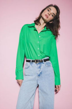 Oversize Genis Kal?p Poplin Basic Duz Uzun Kollu %100 Pamuk Gomlek