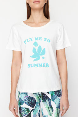 Trendyolmilla Beyaz-Cok Renkli %100 Pamuklu Cicekli Orme Pijama Tak?m? THMSS24PT00322