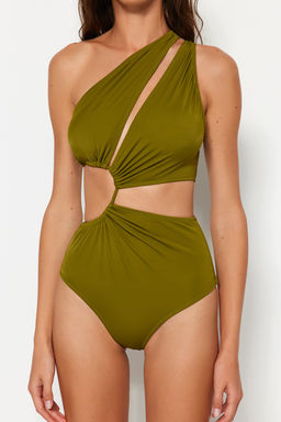 Haki Tek Omuz Tunelli Cut Out/Pencereli Regular Core Mayokini TBESS23MA00206