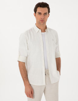 Haki Regular Fit Keten Kar___ml_ _izgili G_mlek
