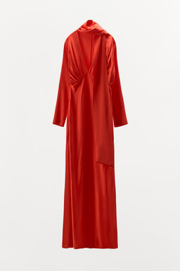 SATIN DRESS WITH BATWING SLEEVES AND SCARF