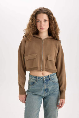 Regular Fit Kapusonlu Basic Duz Fermuarl? Triko H?rka - Defacto фото 5