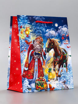 Цена за 2 шт. Пакет подарочный новогодний ламинированный, «Дед Мороз с Конём», 18×10×22.3 см