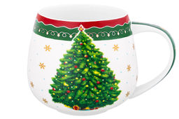 Кружка 450 мл 13*10*8,5 см Новогодняя елка зеленый узор, бочонок NEW BONE CHINA