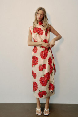 VESTIDO MIDI ESTAMPADO FLORAL CINTUR?N / Crudo / Rojo