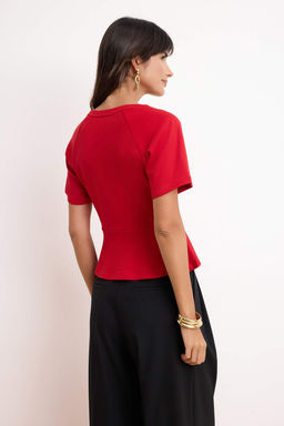 K_rm_z_ Peplum Reglan Kol K_sa Kollu Aksesuar Detayl_ _nterlok _rme Bluz TWOSS26BZ00242 - Trendyolmilla фото 4