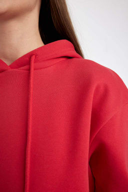 Женская красная толстая базовая однотонная толстая толстая базовая толстовка с капюшоном и карманом-кенгуру Relax Fit - Defacto фото 5
