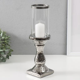 Подсвечник на 1 свечу «Монти», керамика, стекло, d=7.5 см, серебро, 9×9×31.5 см