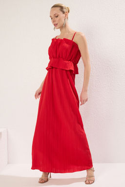 TRENDYOLMILLA K?rm?z? A-Kesim Dantel Dokuma S?k Maxi Abiye & Mezuniyet Elbise TPRSS25AE00091 фото 2