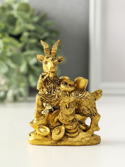 Нэцкэ полистоун "Козёл с китайскими монетами и золотыми слитками" бронза 4,2х7х9,4 см