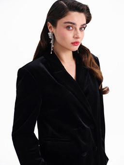 Kruvaze Yaka Kad?n Kadife Blazer Ceket