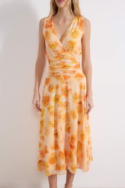 Cok Renkli Cicekli Bodycon V Yaka Kal?n Ask?l? Kolsuz Buzgulu Maxi Tul Orme Elbise TWOSS26EL00160