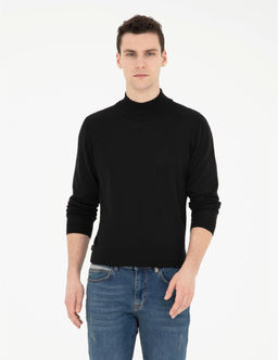 Siyah Slim Fit Yar_m Bal_k__ Yaka Y_n Kar___ml_ Basic Triko Kazak