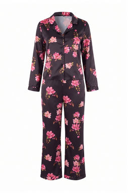 Siyah _i_ekli Saten Dokuma Pijama Tak_m_ THMAW27PT00010