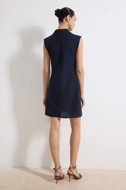 Lacivert Duz Kesim Cepli Gomlek Yaka Keten Gorunumlu Mini Dokuma Elbise TWOSS22EL1068