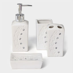 Аксессуары для ванной Доляна Цветочный барельеф, 4 предмета, дозатор 270 мл, мыльница, 2 стакана 210 мл, белые  фото 5