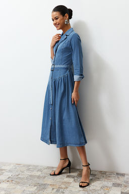 Trendyolmilla Mavi Kemerli Ceket Yaka Maxi Denim Elbise TWOSS24EL00776  фото 4