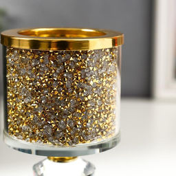 Стеклянный подсвечник на 1 свечу «Золотые камешки», ножка с кристаллами, 16.5×7.5×7.5 см
