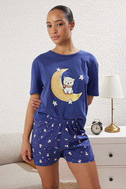 Lacivert %100 Pamuklu Ay?c?k ve Y?ld?z Desenli Sortlu Orme Pijama Tak?m? THMSS25PT00081