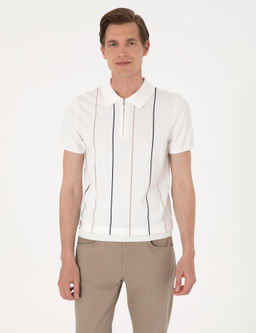 Ekru Slim Fit Polo Yaka Fermuarl_ Triko Ti__rt