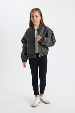 Водоотталкивающее пальто-бомбер из искусственной кожи с воротником колледжа для девочек - Defacto фото 2