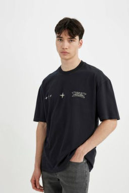 Oversize Genils Kal?p Bisiklet Yaka S?rt Bask?l? K?sa Kollu Tisort