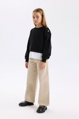 K?z Cocuk Wide Leg Genis Bol Paca Pamuklu Cepli Bej Pantolon