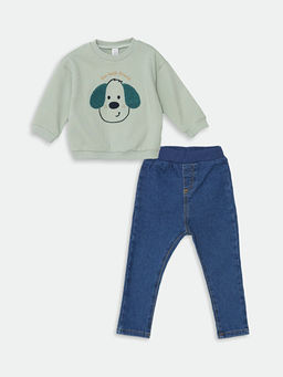 Bisiklet Yaka Uzun Kollu Bask?l? Erkek Bebek Sweatshirt ve Pantolon 2li Tak?m