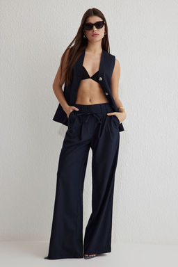 TRENDYOLMILLA Bej Kemerli Wide Leg/Genis Paca Dokuma Pantolon Pantolon TWOSS25PL00031