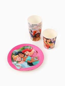 Посуда одноразовая бумажная на 10 персон: стаканы, тарелки, скатерть, Принцессы