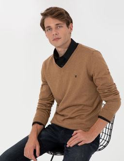 Camel Melanj Slim Fit V Yaka Basic Triko Kazak - Pierre cardin фото 4