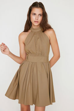 Taba Halter Yaka A Kesim Pilili Mini Dokuma Elbise TWOSS21EL1527