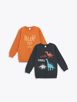 Bisiklet Yaka Uzun Kollu Bask?l? Erkek Bebek Sweatshirt 2li