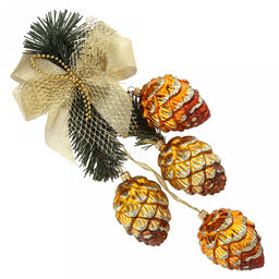 Елочная игрушка гирлянда стеклянная "Кедровая ветка", 4 шишки 9х6,5см, бант, ручная художественная роспись, подарочная упаковка (Россия)