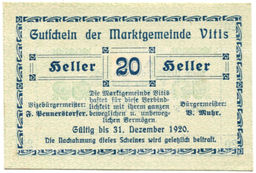 Банкнота 20 геллеров 1920 года Австрия  Витис (нотгельд)