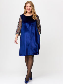 Платье из синего бархата с вышивкой на рукавах - Almond фото 3