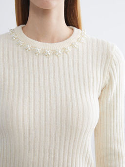 Bisiklet Yaka Boncuk ??lemeli Kad?n Triko Kazak