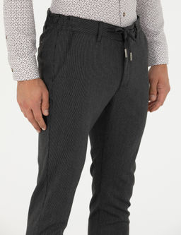 Antrasit Slim Fit _izgili Beli Lastikli Ba_c_kl_ Kanvas Pantolon