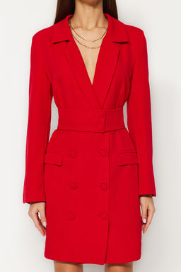 Trendyolmilla K?rm?z? Kemerli Dugme Detayl? Mini Ceket Dokuma Elbise TWOAW24EL00497 фото 16