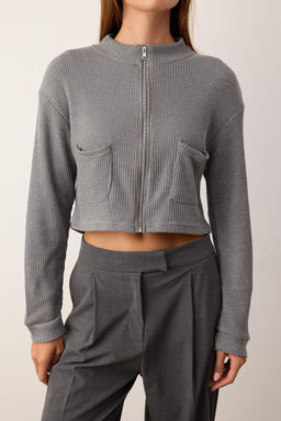 Lacivert Fermuarl? Yaka Cep Detayl? Regular/Normal Kal?p Crop/K?sa Ceket TWOAW25CE00011 - Trendyolmilla фото 8