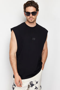 Siyah Oversize/Genis Kesim Kabar?k Yaz? Bask?l? Etiketli T-Shirt/Atlet TMNSS24AL00005