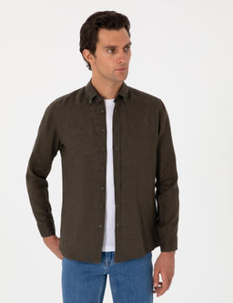 Koyu Haki Regular Fit %100 Keten G_mlek