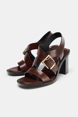 LEATHER BUCKLE HEEL SANDALS