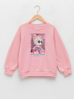 Bisiklet Yaka Bask?l? ?ift Y?nl? Payetli Uzun Kollu K?z ?ocuk Sweatshirt