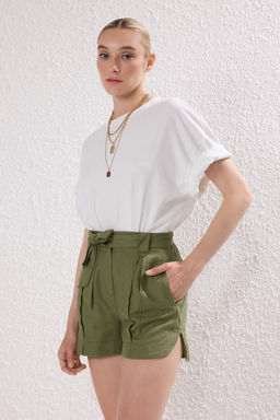 Trendyolmilla Ac?k Haki Keten Gorunumlu Kusakl? Sort & Bermuda TWOSS25SR00224