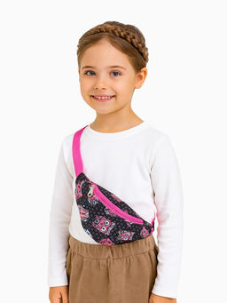 Сумка поясная детская для девочки на молнии, чёрная, розовая