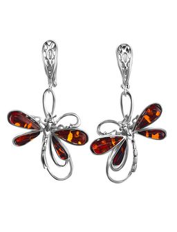 Нарядные эффектные серьги из натурального вишнёвого янтаря Стрекоза