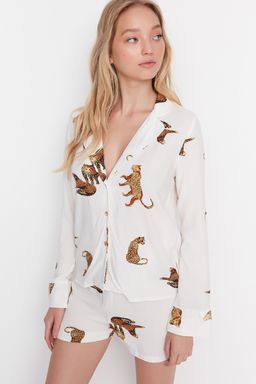 Trendyolmilla Ekru Kaplan Desenli Viskon Sortlu Dokuma Pijama Tak?m? THMAW21PT0340 фото 6